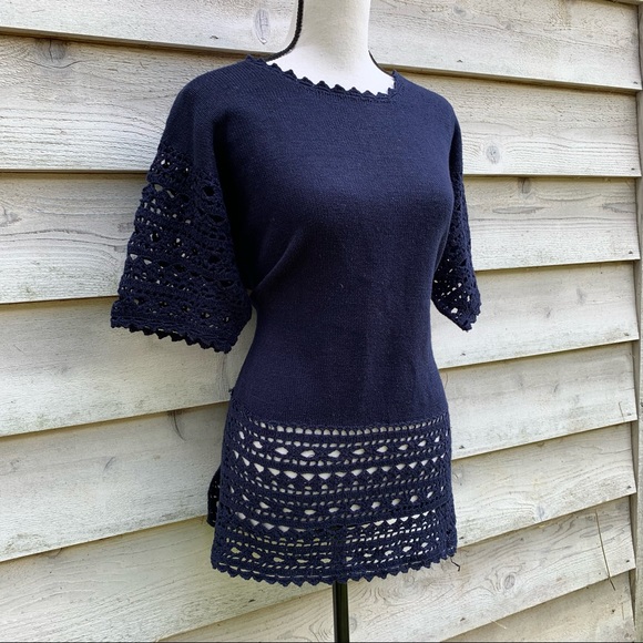 Vintage 90s Navy Blue Solid Print Crochet Trim Short Sleeve Knit Sweater Blouse - Picture 3 of 16
